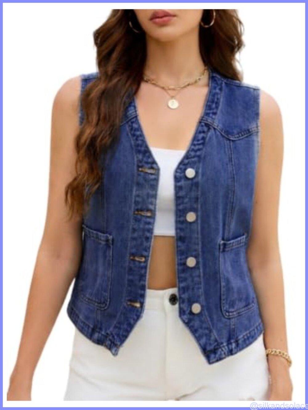 Women's Sleeveless Denim Vest V-Neck Button Front Jean Waistcoat with Pockets